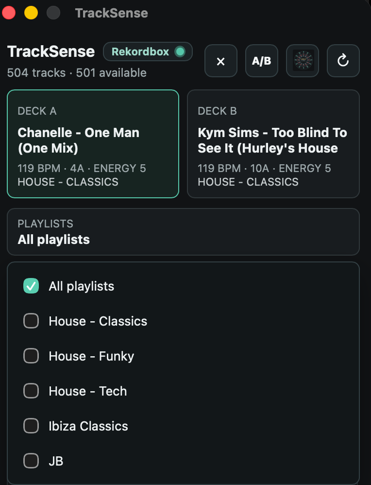 Qoovio filtering recommendations by Rekordbox playlists